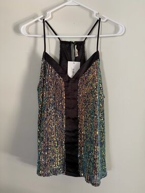 Iridescent Multicolor Sequin Cami with Black Satin Trim